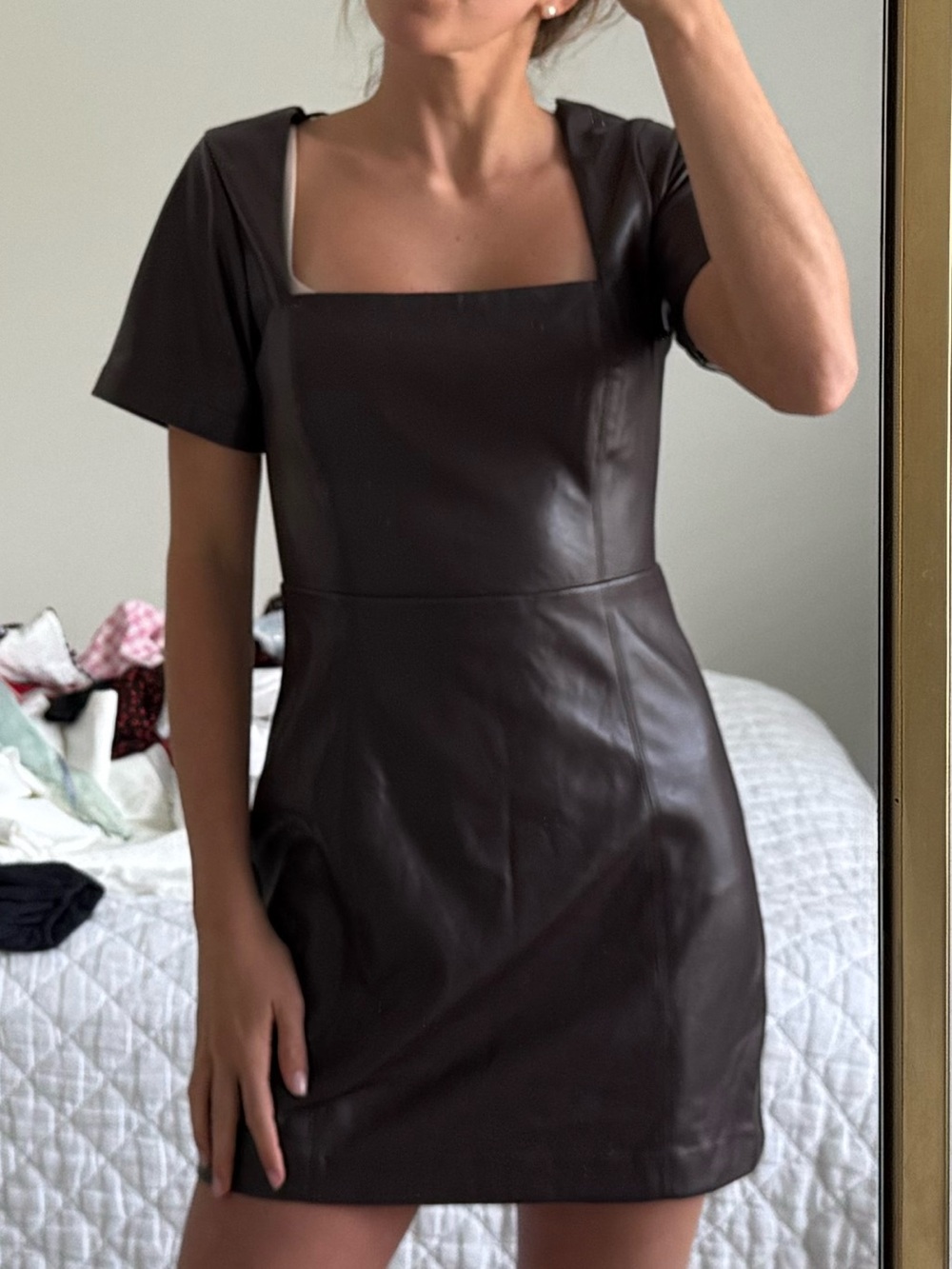 Lost + Wander Brown Faux Leather Square-Neck Mini Dress